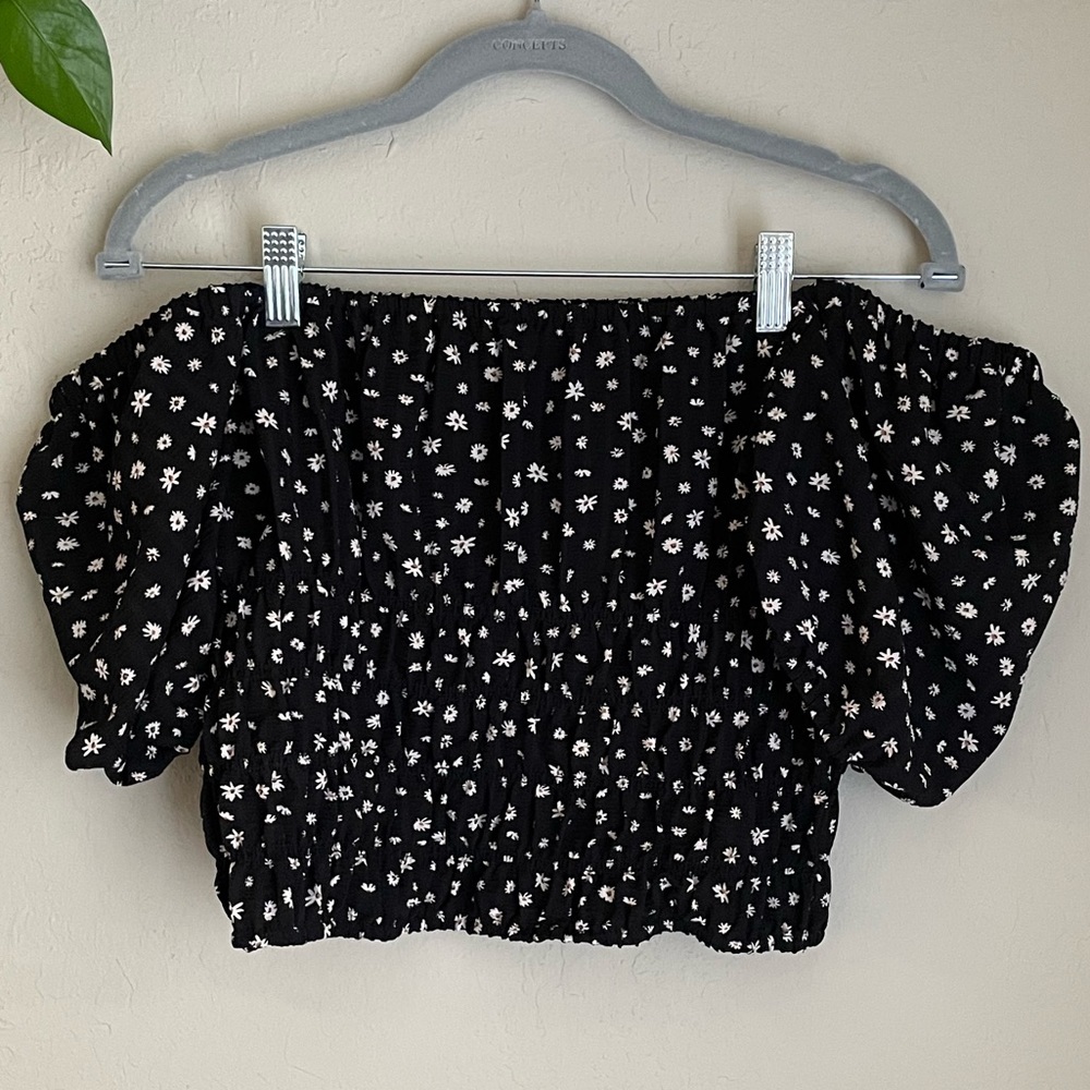 Elodie Off Shoulder Smocked Stretch Black Floral Blouse - Picture 2 of 9